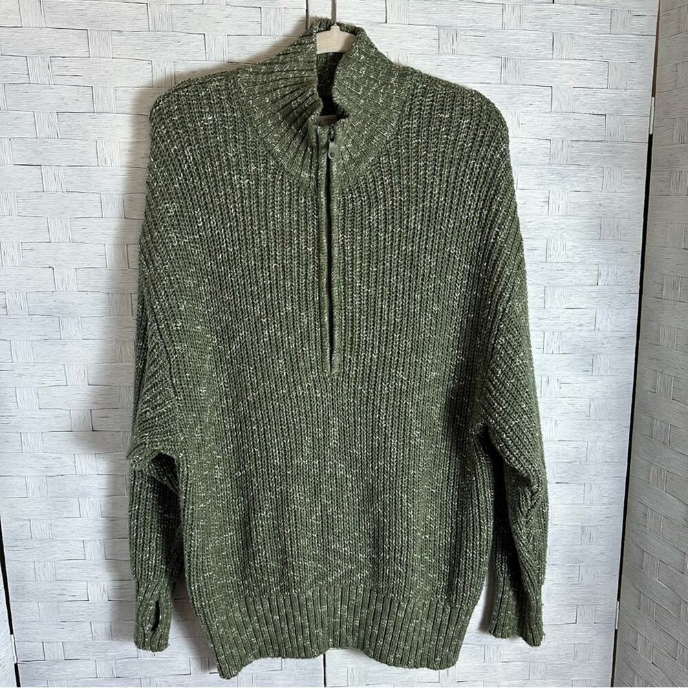 Offline Aerie 1/4 zip knit pull over sweater green speckle‎ costal academia